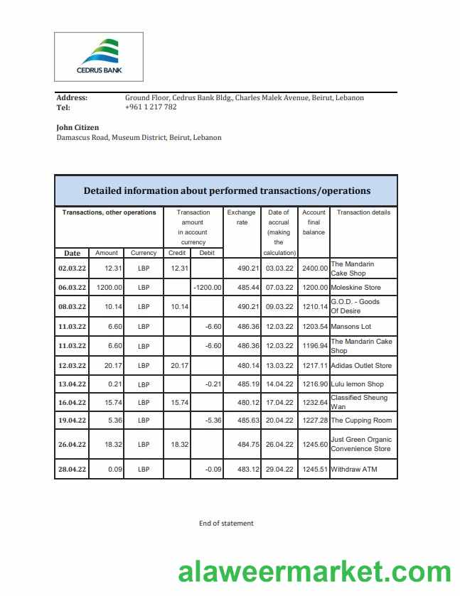 Lebanon Cedrus Bank statement xls